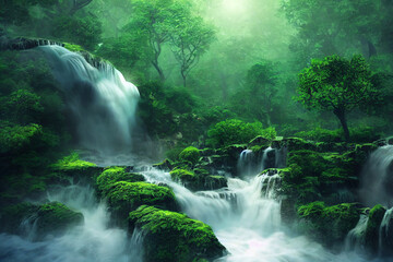 Wall Mural - Wonder Large wide cascading waterfall in the forest, water flows down the mountainside. 3d illustration