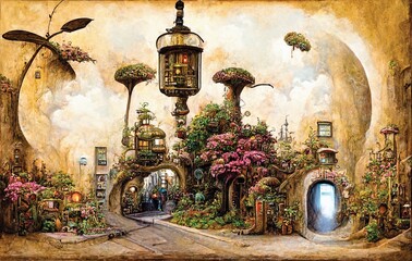 Canvas Print - Steampunk digital art. Imaginary city of dreams, street with blooming flowers, printable wall art, digital painting