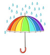 Multicolor rainbow umbrella with rain drop. Hand drawing cartoon cute autumn art. Funny pretty doodle simple vector flat style. October background