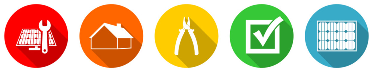 Fototapete - Set of colorful web flat design renewable energy vector icons, solar power, electricity and home services concept illustration