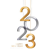 2023 Silver And Gold Numbers Hanging On White Background. Vector Illustration. Minimal Logo Invitation Design For Merry Christmas And Happy New Year. Winter Holiday Poster Brochure Voucher Template.