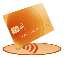 Poster - A tap to pay credit or debit card that is a mock generic version is seen being tapped on a tap to pay icon.  This is a 3-d illustration.