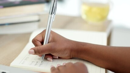 Poster - Hands typing, writing and computer research for study exam, test or report for university or school. Scholarship student using technology for learning and studying writing data summary in a notebook