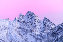 Mountain Covered With Snow At Sunset In Winter