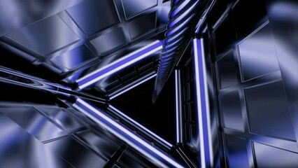 Poster - Triangular 3d tunnel with metal walls. Design. Rotating 3d tunnel with rope in middle. Lifeline in dark tunnel with neon lines