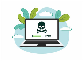 Piracy on the computer as online crriminality and robbery. Copyright infringement and illegal downloading on the internet. Vector illustration of lapton with pirate on the screen