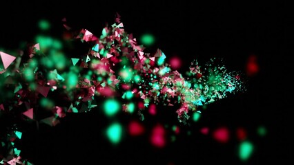 Poster - Colorful shimmering particles move in stream. Design. Stream of bright shining confetti on black background. Glitter and reflection from shimmering confetti