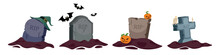 Set Of Old Graves In Cartoon Style. Vector Illustration Of Scary Coffins For Halloween With Magic Hat, Bats, Pumpkins And Candles On White Background.