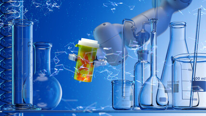 Wall Mural - modern high tech authentic robot arm holding bottle of pills.