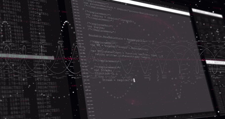 Poster - Image of digital interface screens with programming language over spiral patterns