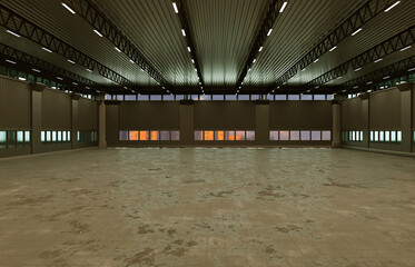 Poster - Empty warehouse with windows. Industrial building with high ceilings. 3D image