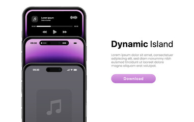 Music player template with different show option on dynamic island. 3d realistic high quality smartphone mockup for mobile app, website, UI. Notification and navigation bar as dynamic island.