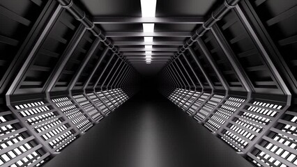 Poster - Futuristic 3d corridor with metal walls. Design. 3D corridor in spaceship with neon lights. Realistic corridor in spaceship