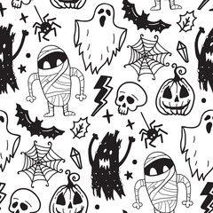 Wall Mural - Monochrome seamless pattern of horror Halloween hand drawn doodle elements. Halloween background of magic elements. Pumpkins, ghost, skull, black cat, pot, hat.