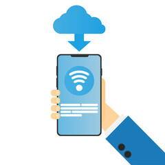 Poster - A hand holding a phone with Wi-Fi and a cloud. Vector illustration