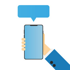 Poster - A hand holding a phone and sending a message. Vector illustration