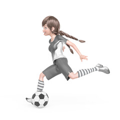 Wall Mural - soccer girl is happy and also playing football in white background side view