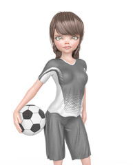 Wall Mural - soccer girl is angry and determined and ready to play football with the ball under her arms in white background