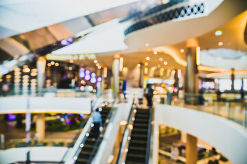 Abstract blurred image  people in motion in escalators at the modern shopping mall for banner advertising background