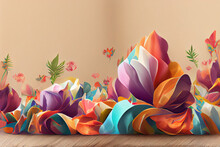 3d Rendering, Abstract Wide Panoramic Floral Background. Floral Wallpaper With Colorful Paper Flowers