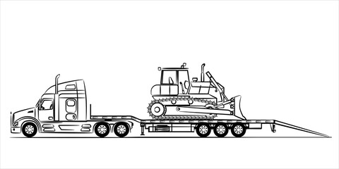 Wall Mural - American Flatbed trailer truck abstract silhouette on white background. A hand drawn of a truck car. Trailer with axle extendable trailer rigged. Low Bed Trailer Truck with bulldozer