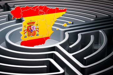 Poster - spanish map inside labyrinth, 3d rendering