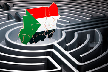 Poster - sudanese map inside labyrinth, 3d rendering