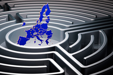 Poster - the eu map inside labyrinth, 3d rendering