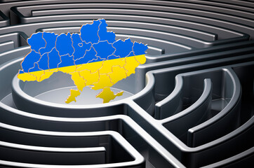 Poster - ukrainian map inside labyrinth, 3d rendering
