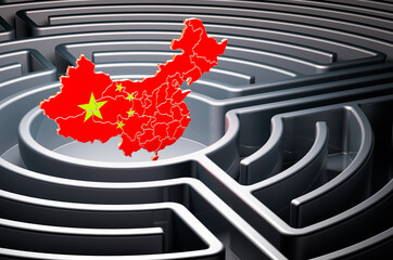 Poster - chinese map inside labyrinth, 3d rendering