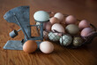 © Cavan Images - Close-up of eggs in container with vintage scale on table