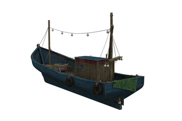 Poster - Old wooden fishing boat viewed from rear perspective. 3D illustration isolated.