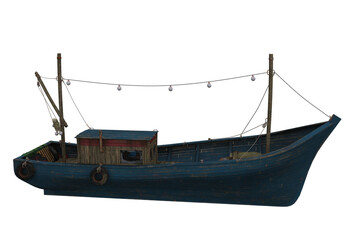 Poster - Old wooden fishing boat with blue hull. 3D illustration isolated.