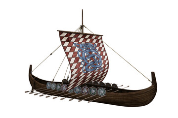 Poster - Medieval Viking wooden long boat saling ship. 3D illustration isolated.