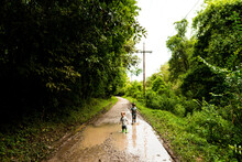 Brothers Playing In Puddle On Dirt Road Amidst Trees