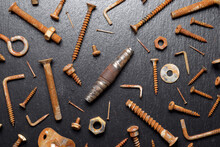 Overhead View Of Rusty Work Tools On Table