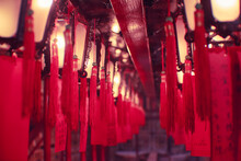 Illuminated Red Chinese Lanterns Hanging On Ceiling