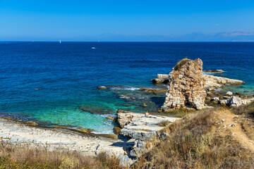 Wall Mural - View north east coast with Kanoni and Mpataria beach, Island of Corfu, Greece. Mpataria and Kanoni beach at Corfu Greece during the day.