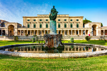 Museum Of Asian Art. Colorful Morning Cityscape Of Corfu Town, Capital Of The Greek Island Of Corfu, Greece, Europe. View Of Asian Art Museum And The Palace Of St. Michael And St. George In Corfu.