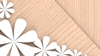 Fototapete - Woody plates background with white paper flowers. Concept image of happy Invitation and reception sign. 3D high quality rendering. 3D illustration. High resolution.