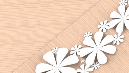 Fototapete - Woody plates background with white paper flowers. Concept image of happy Invitation and reception sign. 3D high quality rendering. 3D illustration. High resolution.