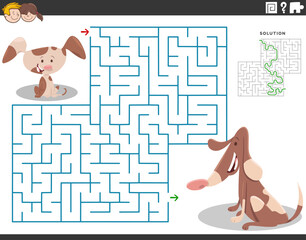 maze puzzle with cartoon adult dog and cute little puppy