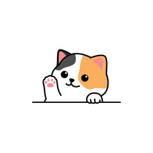 Cute Calico Cat Waving Paw Cartoon, Vector Illustration