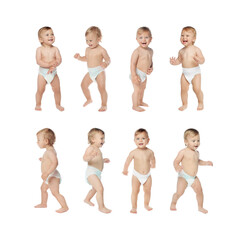 Poster - Collage with photos of cute baby learning to walk on white background