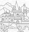 Design for coloring book. Beautiful medieval castle with bridge on river. Entertainment and antistress for children and adult. Design for printing. Cartoon flat vector illustration in Zen tangle style