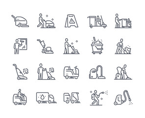 industrial cleaning service line icons set. cleaning machines, cleaners and maids with mops, rags an
