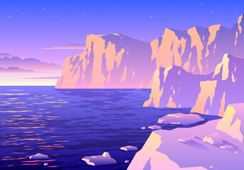 beautiful sunset arctic or antartic iceberg landscape illustration