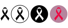 Black Pink Ribbon Icons Set. Breast Cancer Awareness Ribbon. Women Cancer Awareness Symbol. Flat And Outline Style  Vector Illustrations