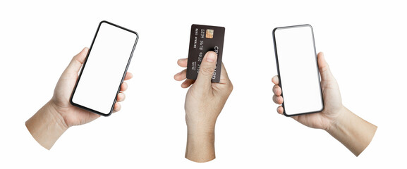 a set, group of male hand hold a credit card and cell phone isolated on white.