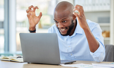 Poster - Laptop error, angry black man and internet stress, problem and 404 cyber scam. Business person, mad and frustrated for computer virus, online phishing and data glitch fail with web technology mistake